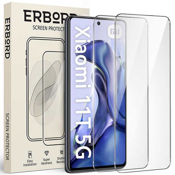 2x Szkło Hartowane do Xiaomi 11T/11T Pro, ERBORD 9H Hard Glass, szybka