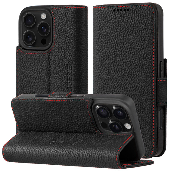 Case for iPhone 16 Pro Max, ERBORD Vintage, wallet with flap, black