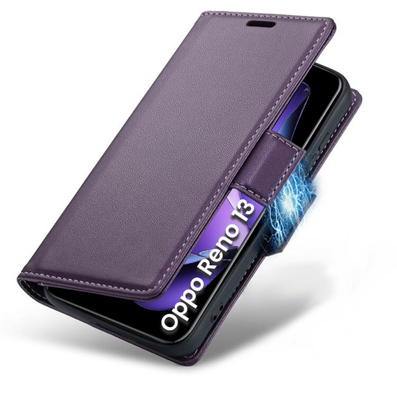 Case for Oppo Reno 13, ERBORD Glossy Litchi, wallet with flap, purple