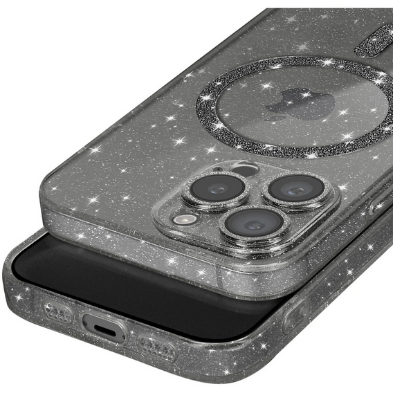 Case for iPhone 16 Pro, ERBORD Glitter MagSafe, black + Screen Glass
