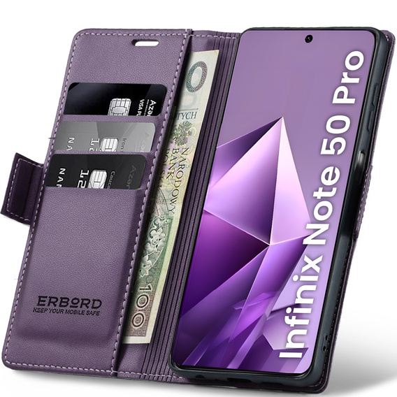 Case for Infinix Note 50 Pro, ERBORD Glossy Litchi, wallet with flap, purple
