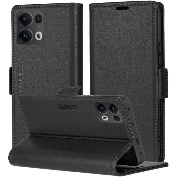 Case for Oppo Reno 13 Pro, ERBORD Glossy Litchi, wallet with flap, black