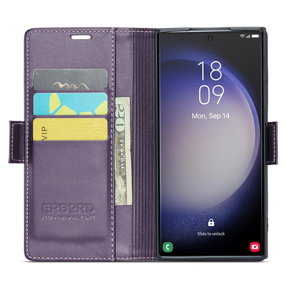 Case for Samsung Galaxy S24 Ultra, ERBORD Glossy Litchi, wallet with flap, purple