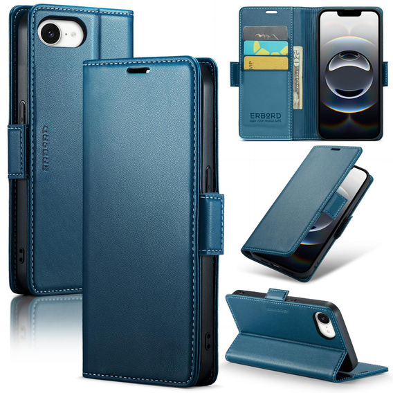 Case for Iphone 16E, ERBORD Glossy Litchi, wallet with flap, blue