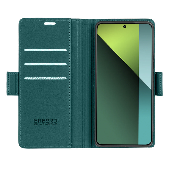 Case for Xiaomi Redmi Note 13 Pro 5G, ERBORD Glossy Litchi, wallet with flap, green