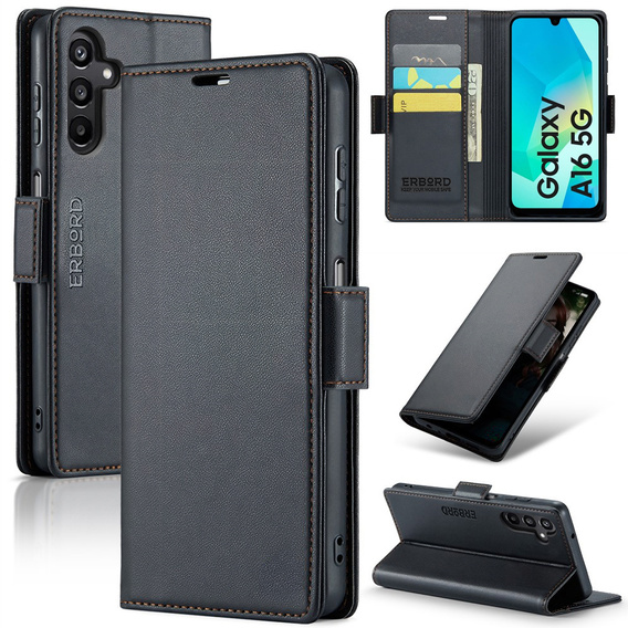 Case for Samsung Galaxy A16, ERBORD Glossy Litchi, wallet with flap, black