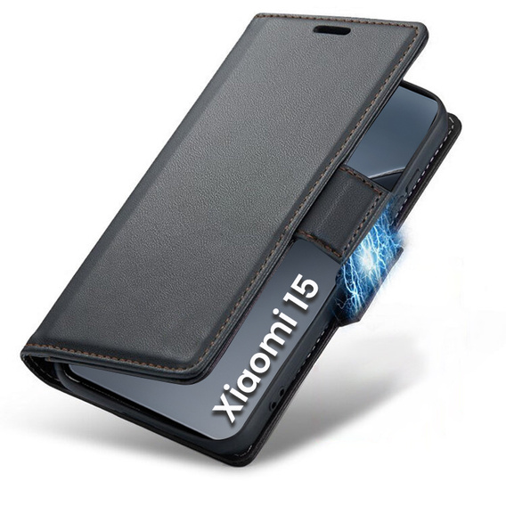 Case for Xiaomi 15, ERBORD Glossy Litchi, wallet with flap, black