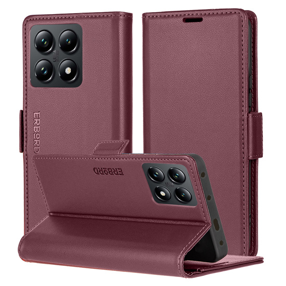 Case for Xiaomi 14T Pro, ERBORD Glossy Litchi, wallet with flap, red