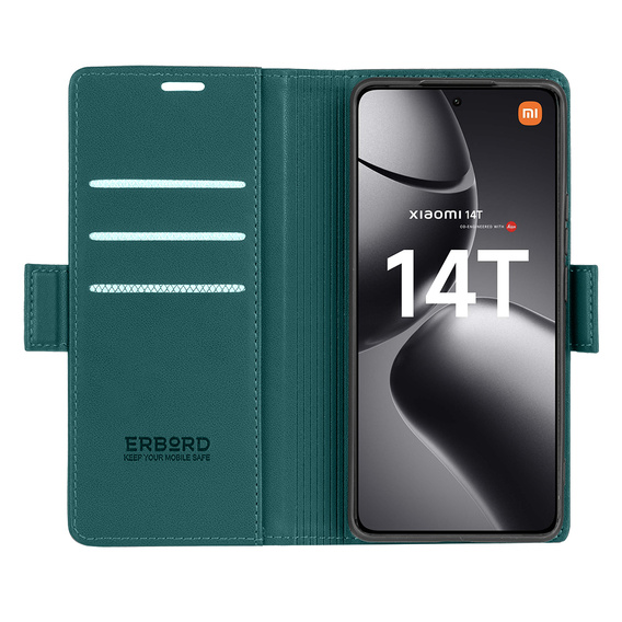 Case for Xiaomi 14T, ERBORD Glossy Litchi, wallet with flap, green