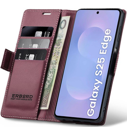Case for Samsung Galaxy S25 Edge, ERBORD Glossy Litchi, wallet with flap, red