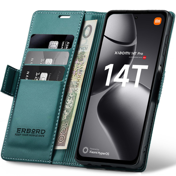 Case for Xiaomi 14T Pro, ERBORD Glossy Litchi, wallet with flap, green