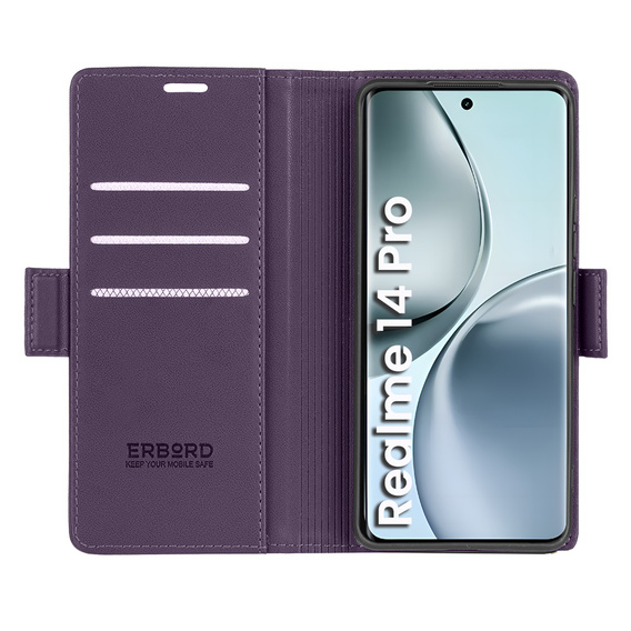 Case for Realme 14 Pro 5G, ERBORD Glossy Litchi, wallet with flap, purple