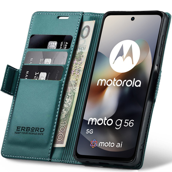 Etui do Motorola Moto G56 5G, ERBORD Glossy Litchi, portfel z klapką, zielone