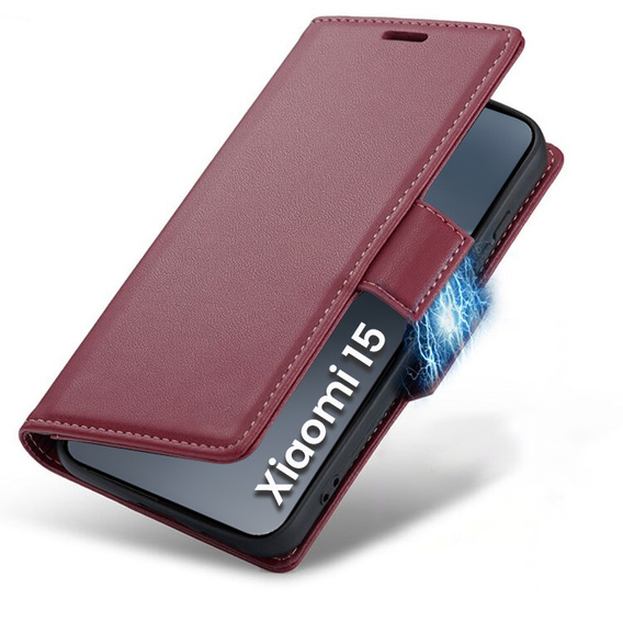 Case for Xiaomi 15, ERBORD Glossy Litchi, wallet with flap, red