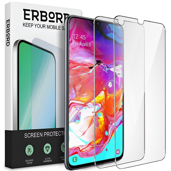 2x Tempered Glass for Samsung Galaxy A70, ERBORD 9H Hard Glass for phone screen