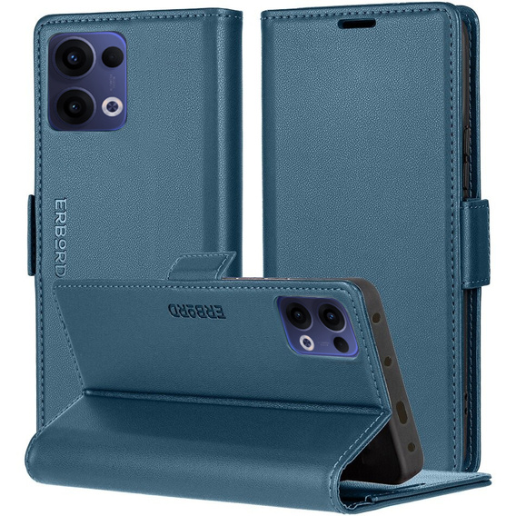 Case for Oppo Reno 13, ERBORD Glossy Litchi, wallet with flap, blue