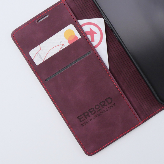 Etui do iPhone 15, ERBORD Vintage portfel z klapką, czerwone