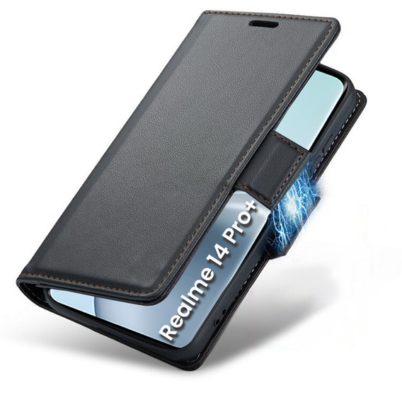 Case for Realme 14 Pro+ 5G, ERBORD Glossy Litchi, wallet with flap, black