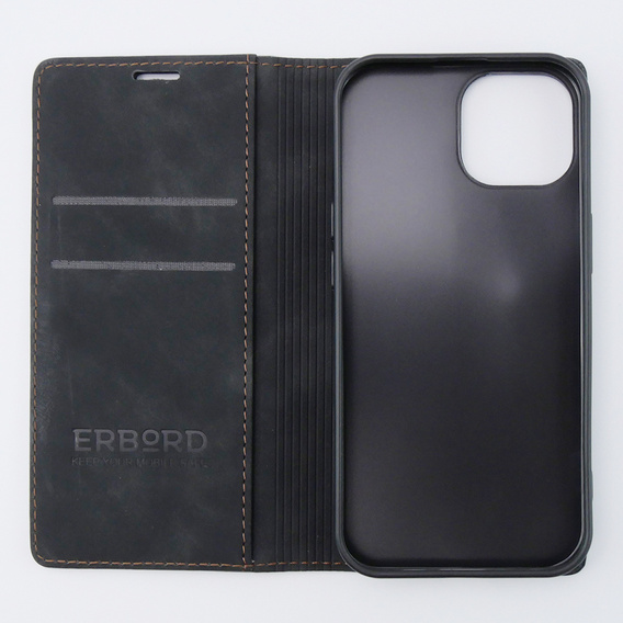 Etui do iPhone 15, ERBORD Vintage portfel z klapką, czarne