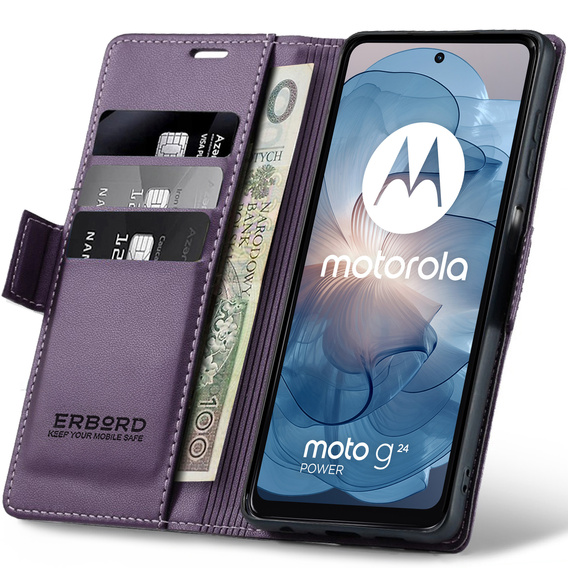 Case for Motorola Moto G24 Power, ERBORD Glossy Litchi, wallet with flap, purple
