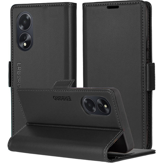 Case for Oppo A18 4G / A38 4G, ERBORD Glossy Litchi, wallet with flap, black