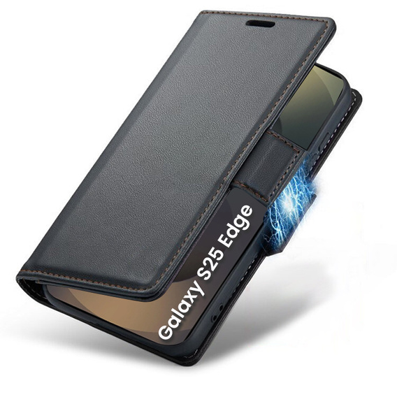 Case for Samsung Galaxy S25 Edge, ERBORD Glossy Litchi, wallet with flap, black