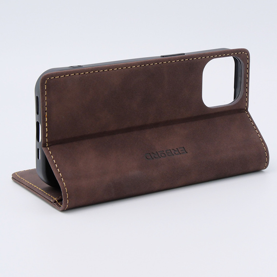 Etui do iPhone 15, ERBORD Vintage portfel z klapką, kawowe