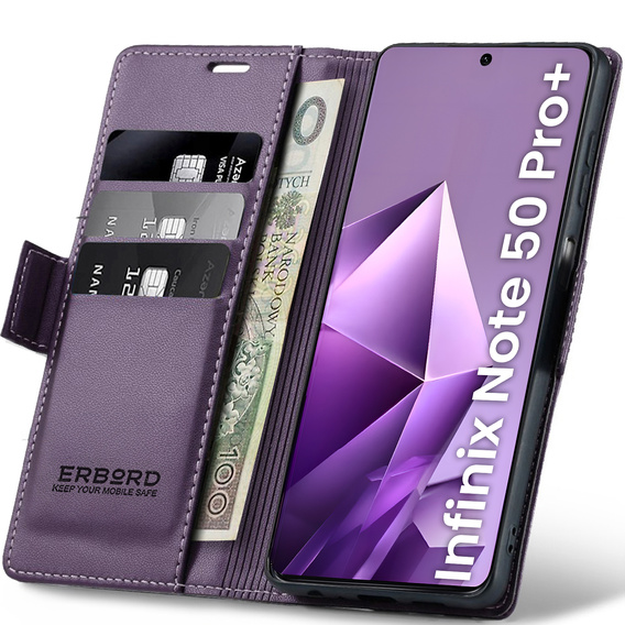 Case for Infinix Note 50 Pro+, ERBORD Glossy Litchi, wallet with flap, purple