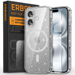 Case for iPhone 16, ERBORD Glitter MagSafe, transparent + Screen Glass