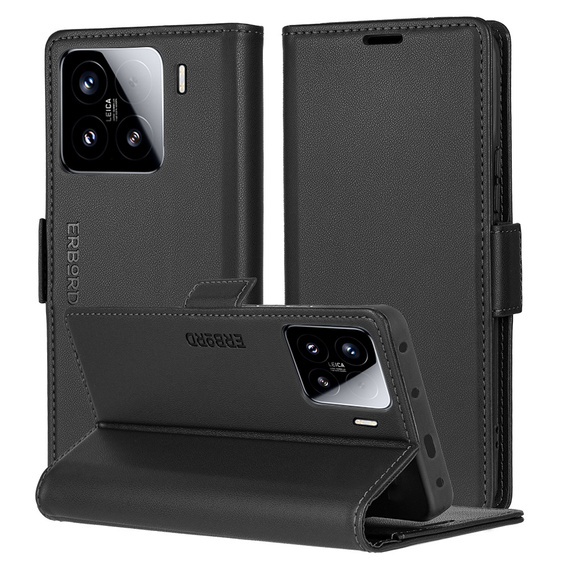 Case for Xiaomi 15, ERBORD Glossy Litchi, wallet with flap, black