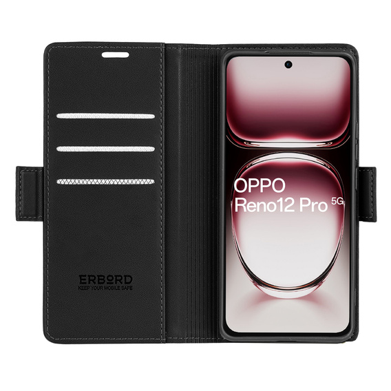 Case for Oppo Reno 12 Pro, ERBORD Glossy Litchi, wallet with flap, black