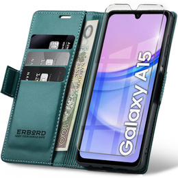 Etui do Samsung Galaxy A15 4G / 5G, ERBORD Glossy Litchi, portfel z klapką, zielone + Szkło Hartowane 9H