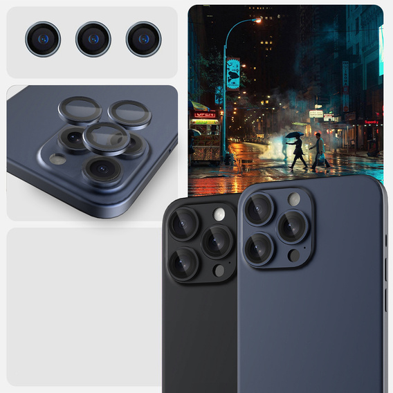 2x Szkło na aparat ERBORD OPTIK Pro do iPhone 16 Pro/16 Pro Max / 15 Pro/15 Pro Max/14 Pro/14 Pro Max, tytanowe niebieskie