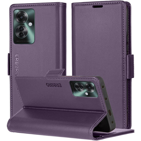 Case for Oppo Reno 11F, ERBORD Glossy Litchi, wallet with flap, purple