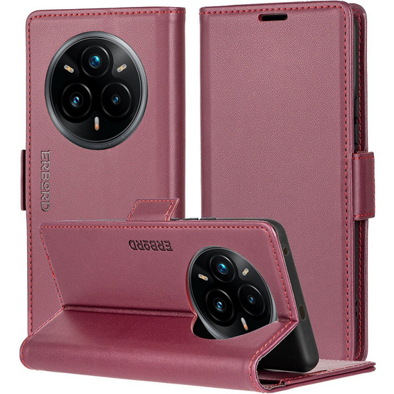 Case for Realme 14 Pro 5G, ERBORD Glossy Litchi, wallet with flap, red
