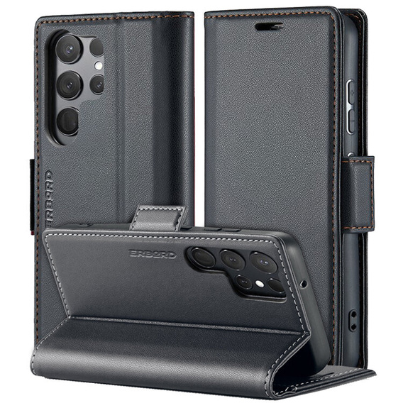 Etui do Samsung Galaxy S25 Ultra, ERBORD Glossy Litchi, portfel z klapką, czarne