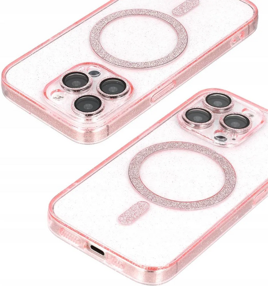 Etui do iPhone 16 Pro, ERBORD Glitter MagSafe, różowe + Szkło na ekran
