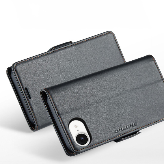 Case for Iphone 16E, ERBORD Glossy Litchi, wallet with flap, black
