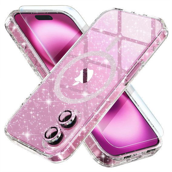 Case for iPhone 16, ERBORD Glitter MagSafe, pink + Screen Glass