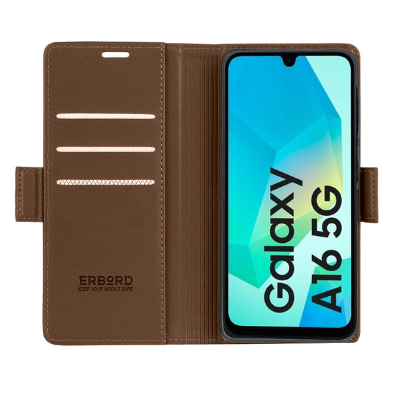 Case for Samsung Galaxy A16, ERBORD Glossy Litchi, wallet with flap, brown