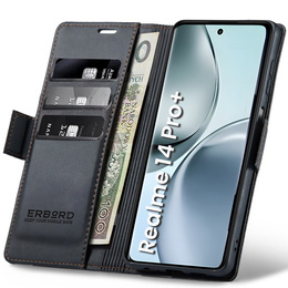 Case for Realme 14 Pro+ 5G, ERBORD Glossy Litchi, wallet with flap, black