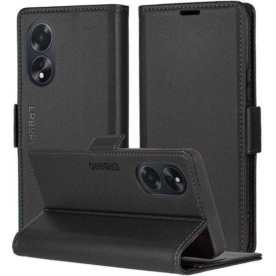 Case for Oppo A60, ERBORD Glossy Litchi, wallet with flap, black