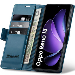 Case for Oppo Reno 13, ERBORD Glossy Litchi, wallet with flap, blue