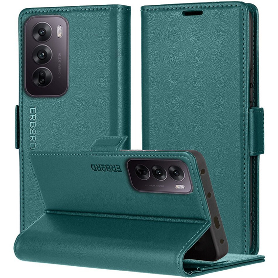 Case for Oppo Reno 12 Pro, ERBORD Glossy Litchi, wallet with flap, green