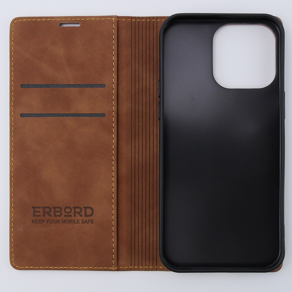 Case for iPhone 15 Pro, ERBORD Vintage, wallet with flap, brown