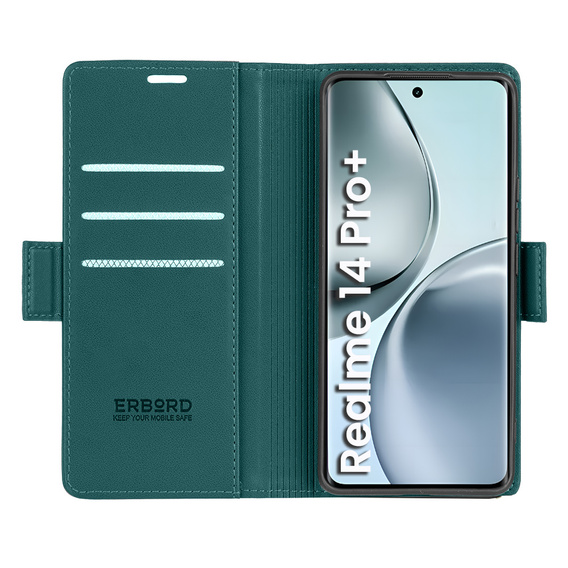 Case for Realme 14 Pro+ 5G, ERBORD Glossy Litchi, wallet with flap, green