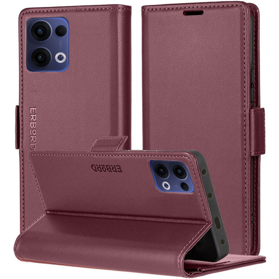 Case for Oppo Reno 13, ERBORD Glossy Litchi, wallet with flap, red