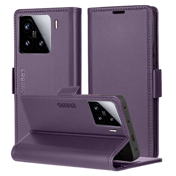 Case for Xiaomi 15, ERBORD Glossy Litchi, wallet with flap, purple