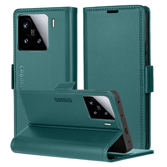 Etui do Xiaomi 15, ERBORD Glossy Litchi, portfel z klapką, zielone