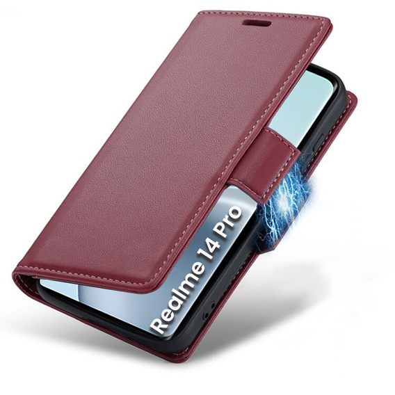 Case for Realme 14 Pro 5G, ERBORD Glossy Litchi, wallet with flap, red